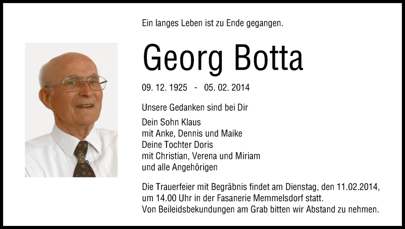  Traueranzeige für Georg Botta vom 08.02.2014 aus MGO
