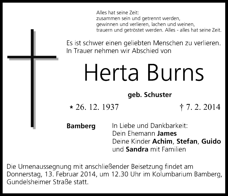  Traueranzeige für Herta Burns vom 10.02.2014 aus MGO
