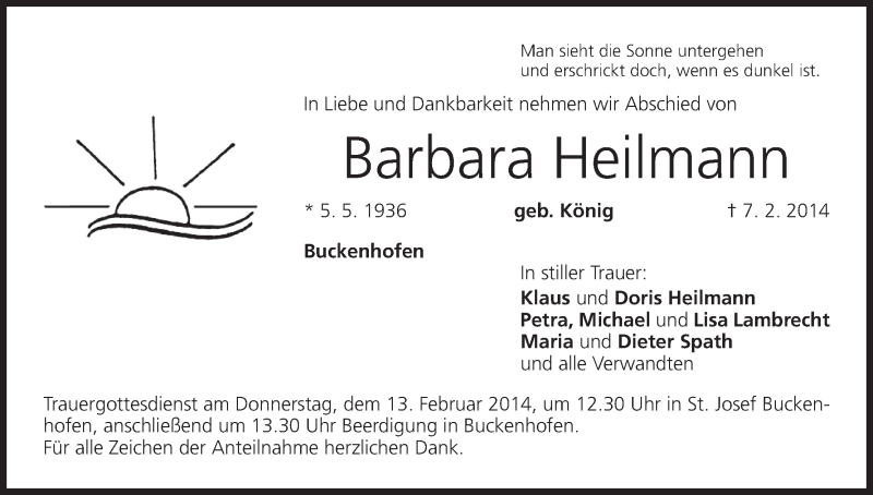  Traueranzeige für Barbara Heilmann vom 11.02.2014 aus MGO