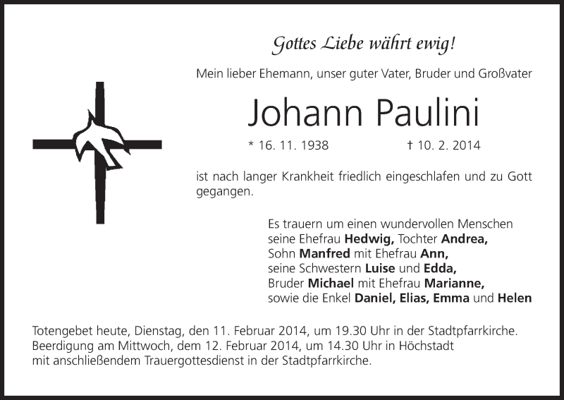  Traueranzeige für Johann Paulini vom 11.02.2014 aus MGO