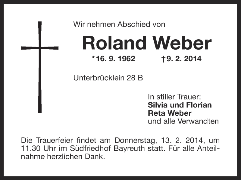  Traueranzeige für Roland Weber vom 11.02.2014 aus MGO