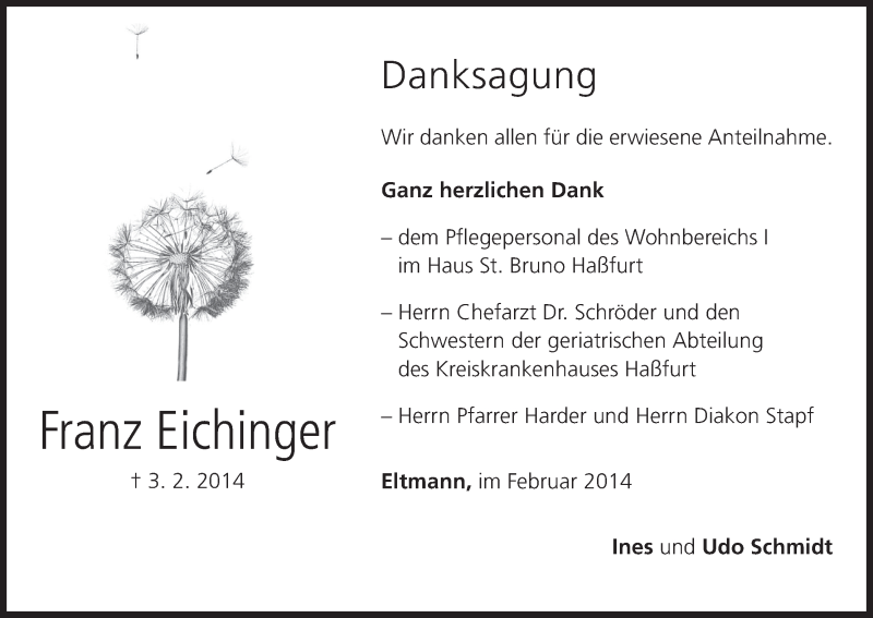  Traueranzeige für Franz Eichinger vom 12.02.2014 aus MGO