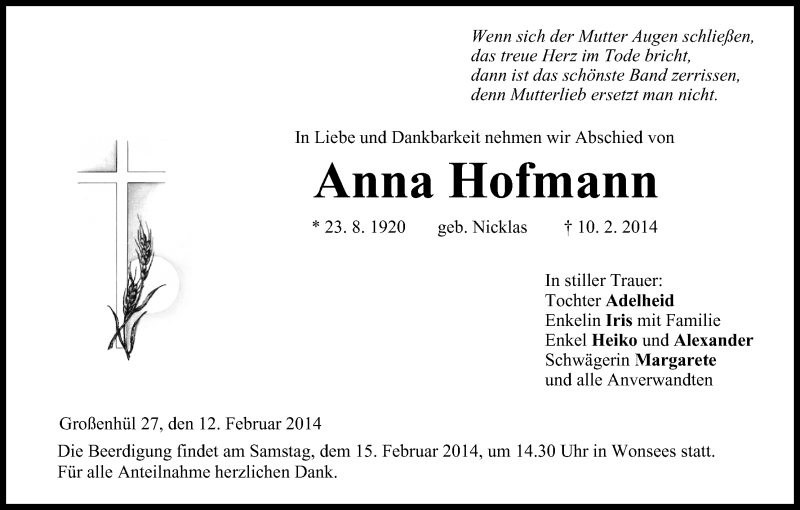  Traueranzeige für Anna Hofmann vom 12.02.2014 aus MGO