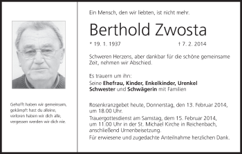 Anzeige von Berthold Zwosta von MGO