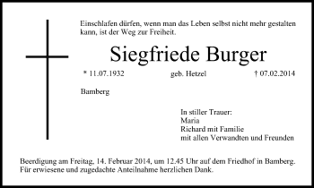 Anzeige von Siegfriede Burger von MGO