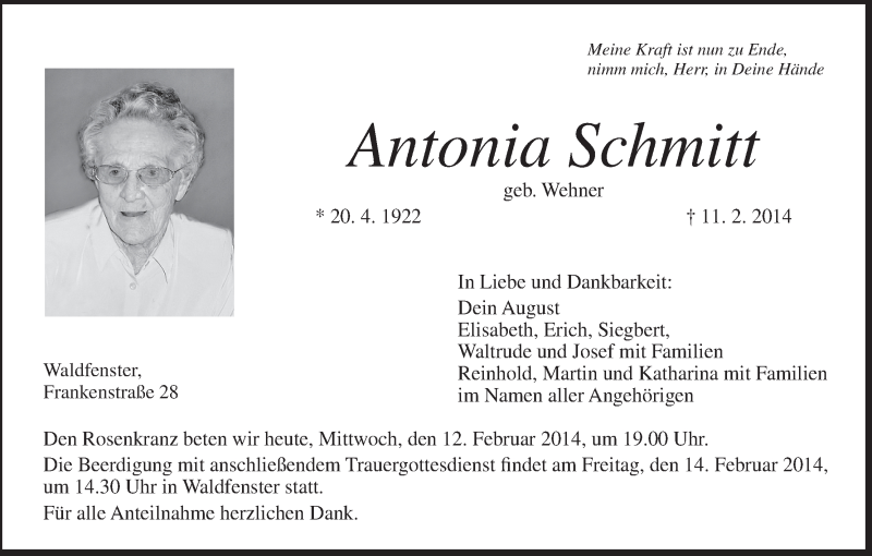  Traueranzeige für Anton Schmitt vom 12.02.2014 aus MGO