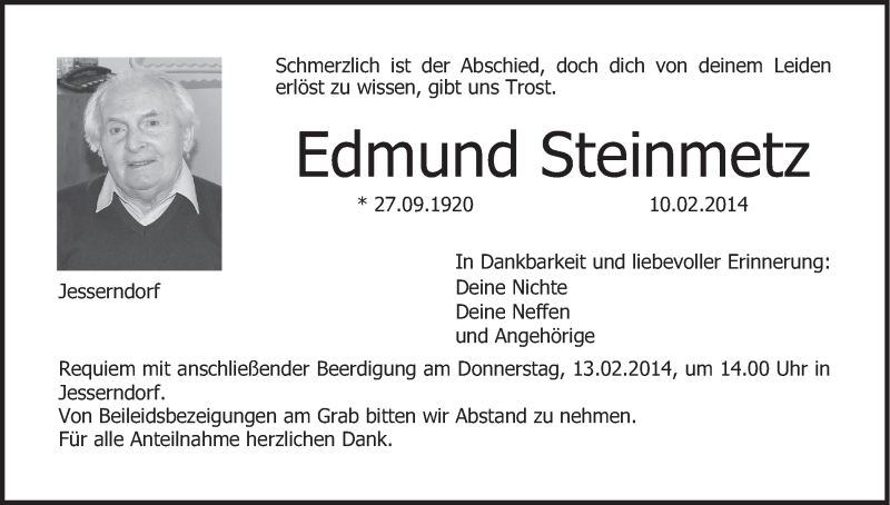  Traueranzeige für Edmund Steinmetz vom 12.02.2014 aus MGO