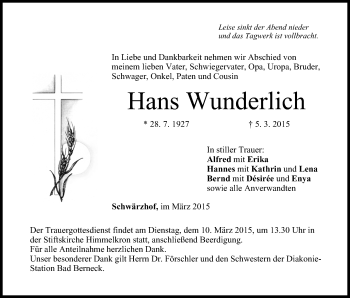 Anzeige von Hans Wunderlich von MGO