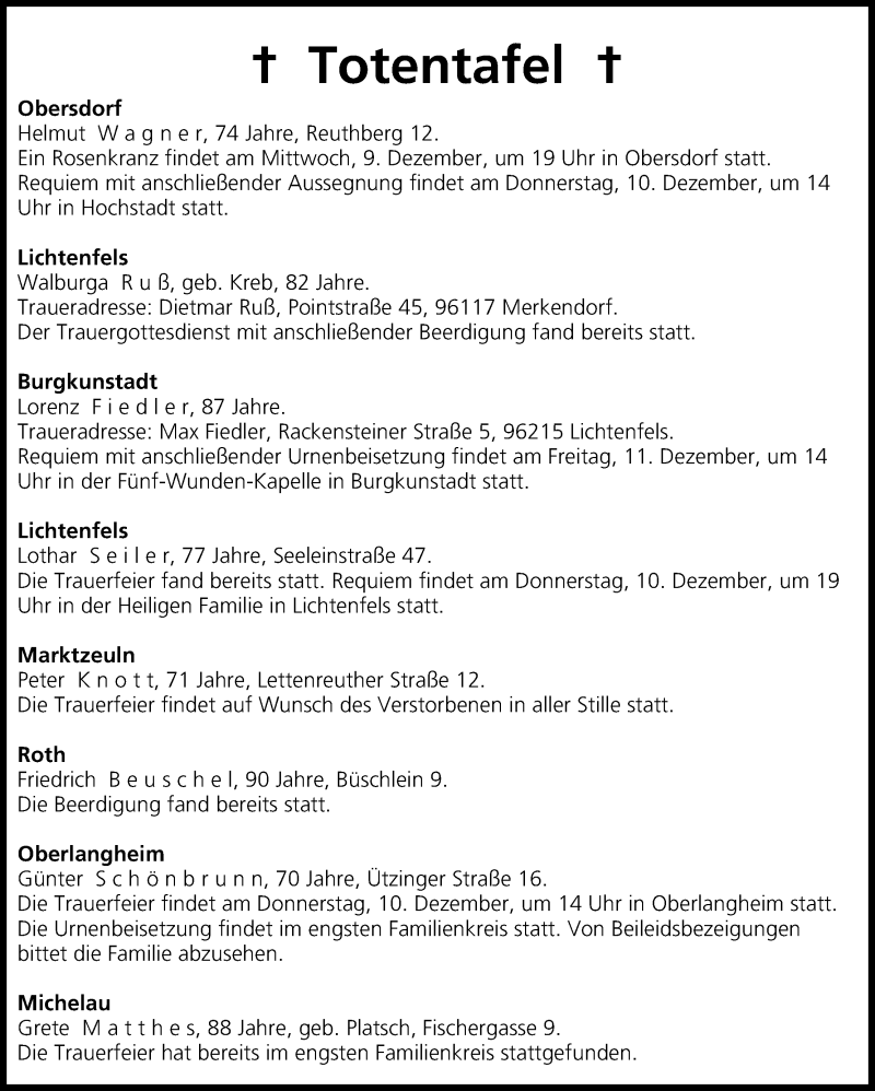  Traueranzeige für Totentafel vom 09.12.2015 vom 09.12.2015 aus MGO