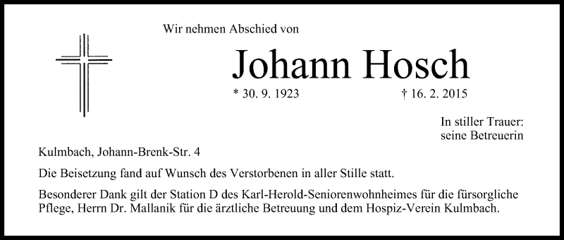  Traueranzeige für Johann Hosch vom 07.03.2015 aus MGO