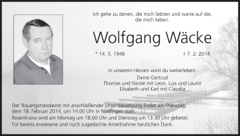 Anzeige von Wolfgang Wäcke von MGO