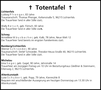 Anzeige von Totentafel vom 13.02.2014 von MGO