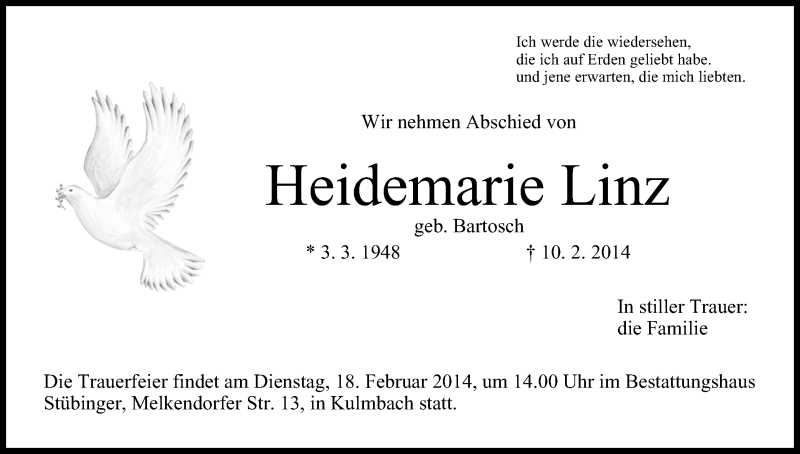  Traueranzeige für Heidemarie Linz vom 15.02.2014 aus MGO