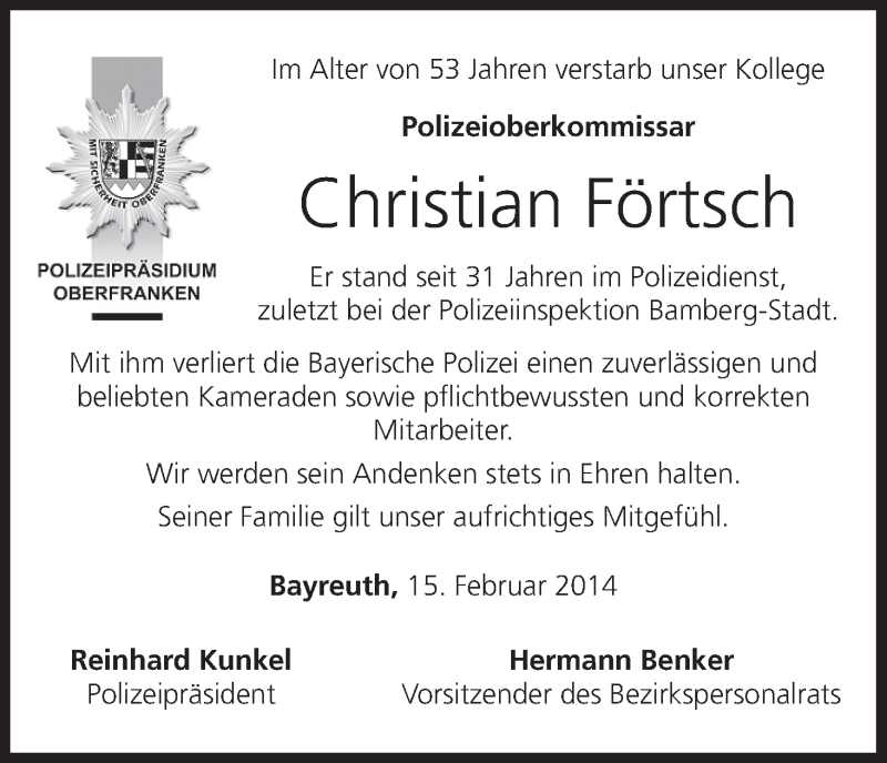  Traueranzeige für Christian Förtsch vom 15.02.2014 aus MGO