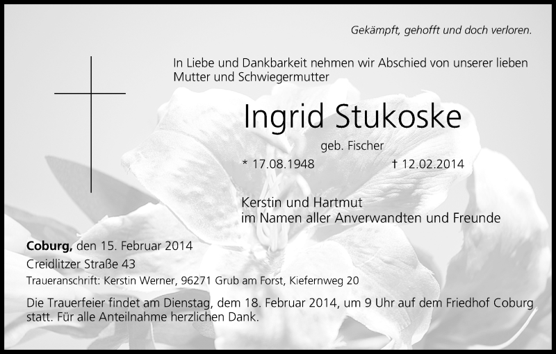  Traueranzeige für Ingrid Stukoske vom 15.02.2014 aus MGO