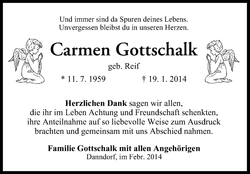 Traueranzeige für Carmen Gottschalk vom 15.02.2014 aus MGO