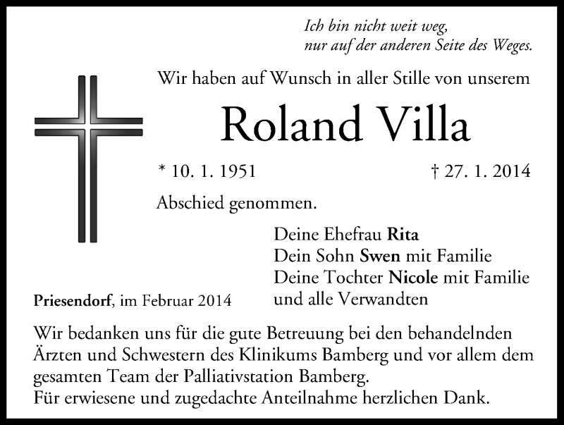  Traueranzeige für Roland Villa vom 15.02.2014 aus MGO