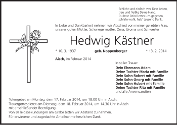 Anzeige von Hedwig Kästner von MGO