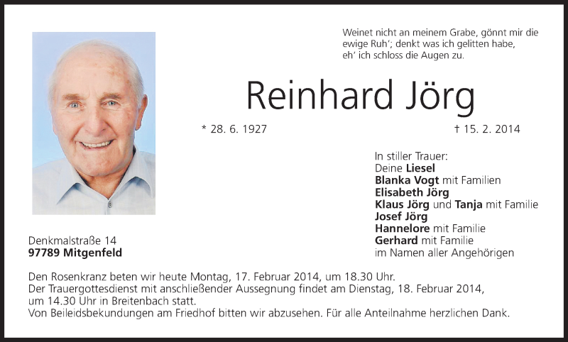  Traueranzeige für Reinhard Jörg vom 17.02.2014 aus MGO