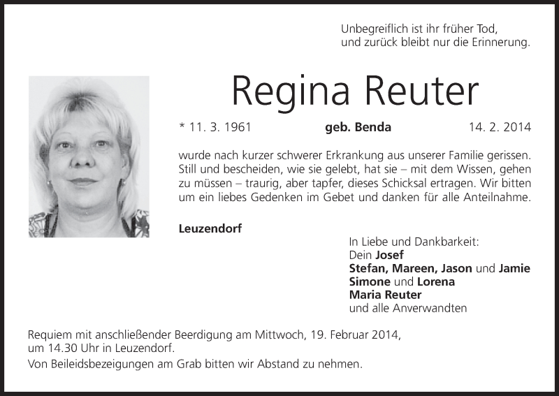  Traueranzeige für Regina Reuter vom 17.02.2014 aus MGO