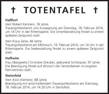 Anzeige von Totentafel vom 18.02.2014 von MGO