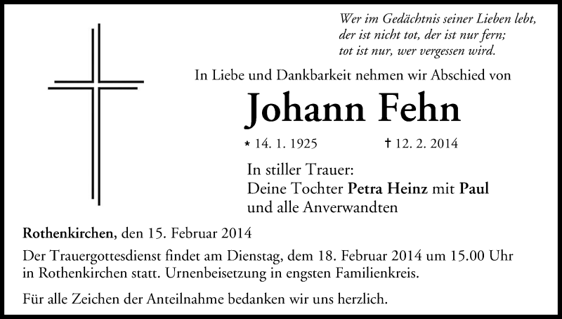  Traueranzeige für Johann Fehn vom 15.02.2014 aus MGO