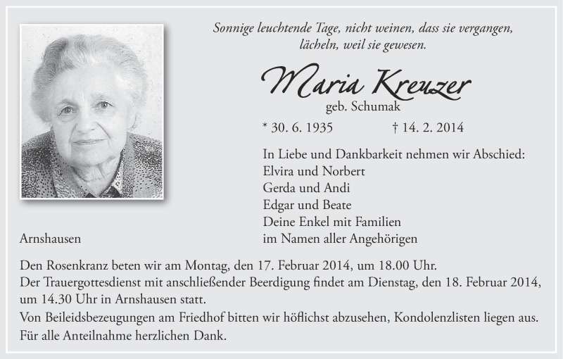  Traueranzeige für Maria Kreuzer vom 15.02.2014 aus MGO