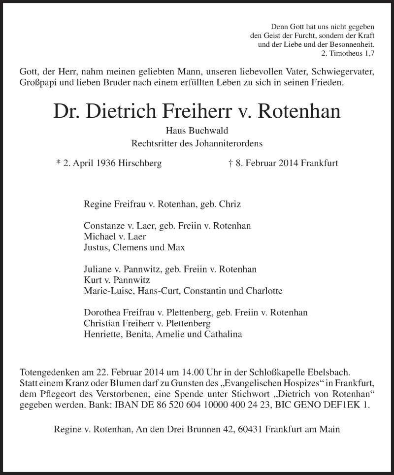  Traueranzeige für Dietrich Freiherr v. Rotenhan vom 15.02.2014 aus MGO