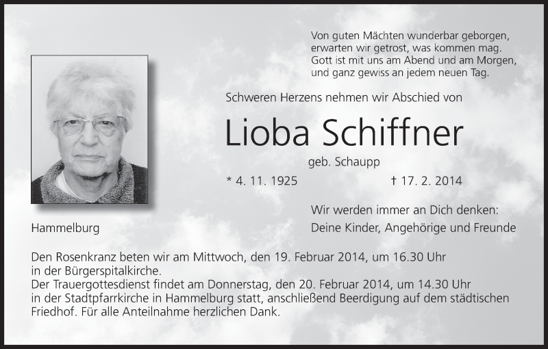  Traueranzeige für Lioba Schiffner vom 18.02.2014 aus MGO