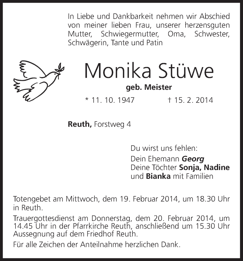  Traueranzeige für Monika Stüwe vom 18.02.2014 aus MGO