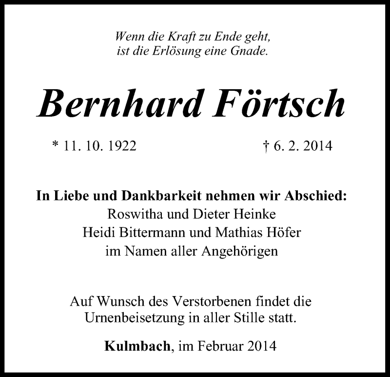  Traueranzeige für Bernhard Förtsch vom 21.02.2014 aus MGO