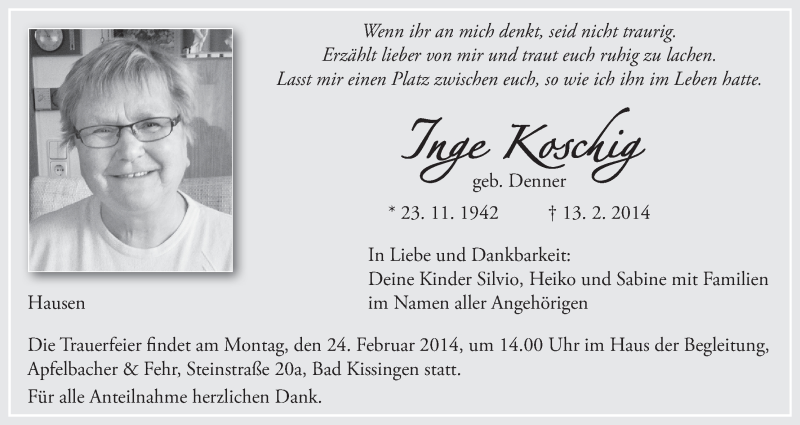  Traueranzeige für Für alle Anteilnahme herzlichen Dank vom 20.02.2014 aus MGO