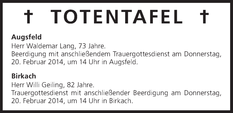  Traueranzeige für Totentafel vom 19.02.2014 vom 19.02.2014 aus MGO