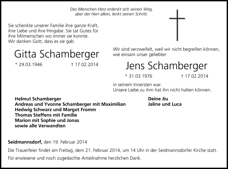  Traueranzeige für Gitta und Jens Schamberger vom 19.02.2014 aus MGO