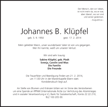 Anzeige von Johannes B. Klüpfel von MGO