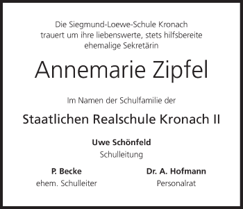 Anzeige von Annemarie Zipfel von MGO