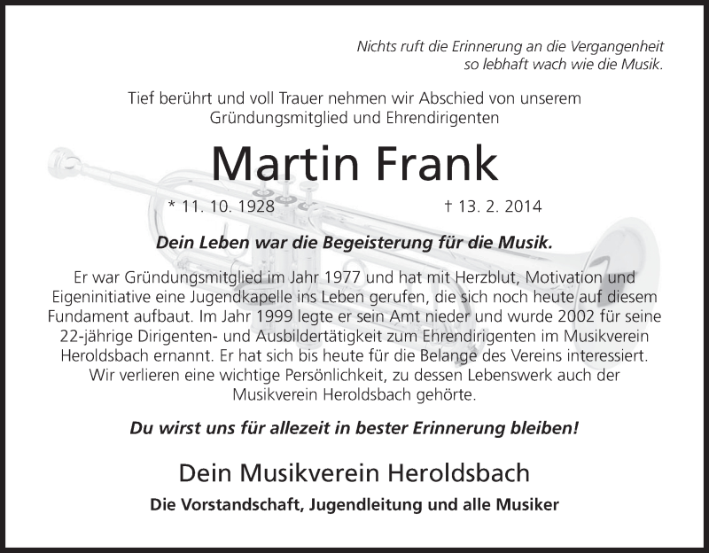  Traueranzeige für Martin Frank vom 20.02.2014 aus MGO