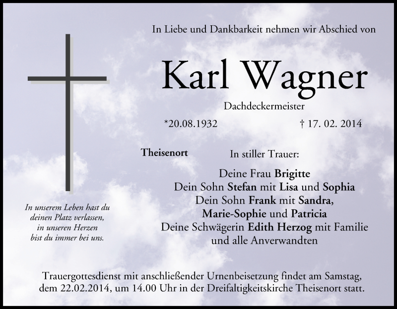  Traueranzeige für Karl Wagner vom 20.02.2014 aus MGO