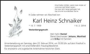Anzeige von Karl Heinz Schnaiker von MGO