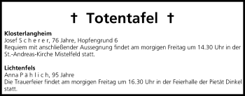 Anzeige von Totentafel vom 20.02.2014 von MGO