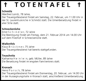 Anzeige von Totentafel vom 20.02.2014 von MGO