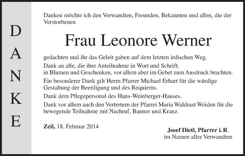  Traueranzeige für Leonore Werner vom 22.02.2014 aus MGO