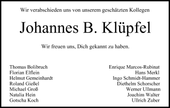 Anzeige von Johannes B. Klüpfel von MGO