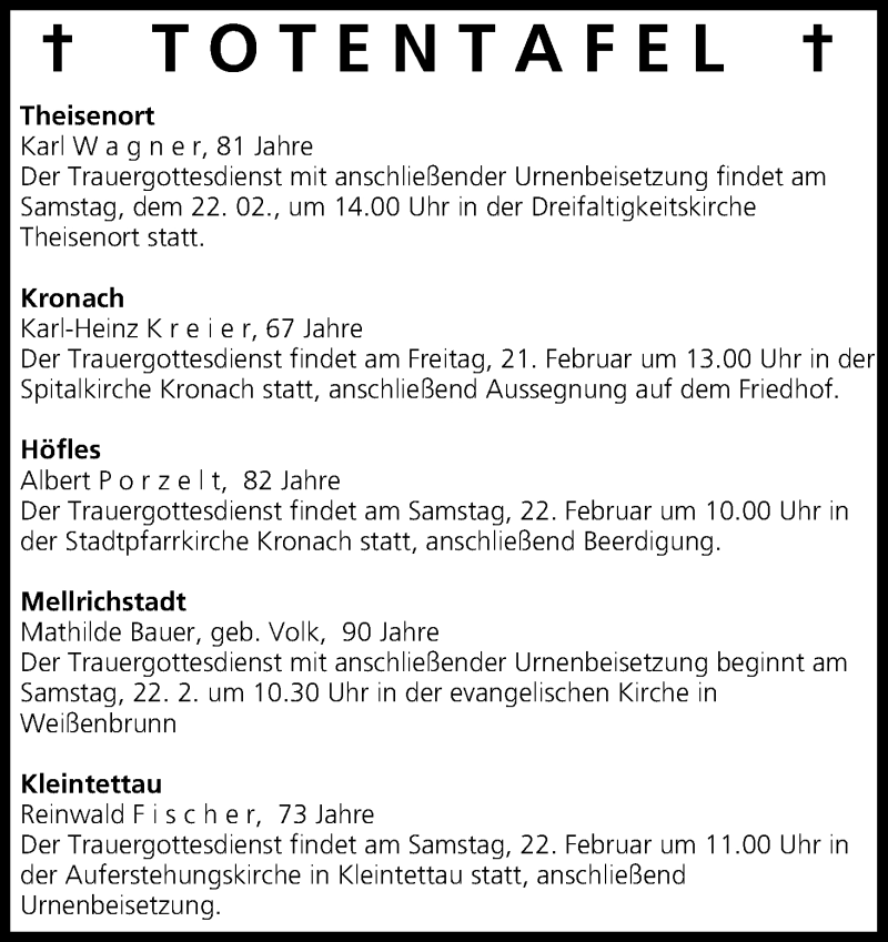  Traueranzeige für Totentafel vom 21.02.2014 vom 21.02.2014 aus MGO