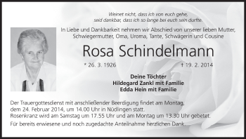 Anzeige von Rosa Schindelmann von MGO
