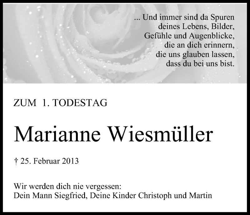  Traueranzeige für Marianne Wiesmüller vom 25.02.2014 aus MGO