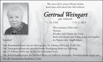 Anzeige von Gertrud Weingart von MGO
