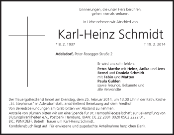 Anzeige von Karl-Heinz Schmidt von MGO