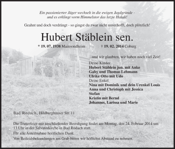 Anzeige von Hubert Stäblein sen. von MGO