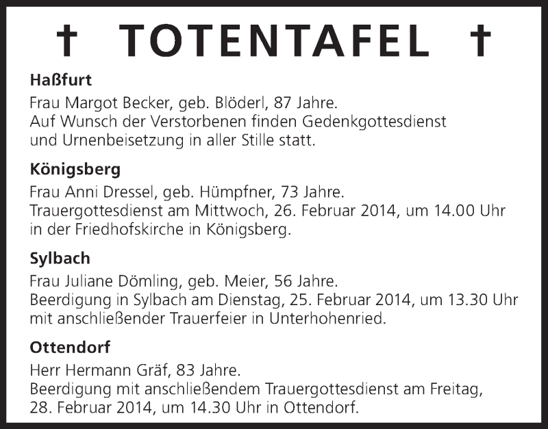  Traueranzeige für Totentafel vom 25.02.2014 vom 25.02.2014 aus MGO
